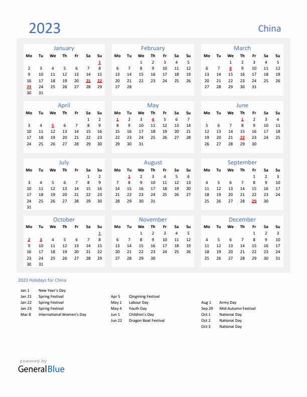 Basic Yearly Calendar with Holidays in China for 2023