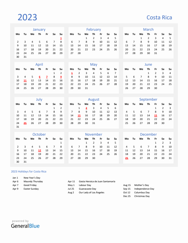Basic Yearly Calendar with Holidays in Costa Rica for 2023