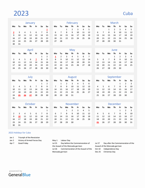 Basic Yearly Calendar with Holidays in Cuba for 2023