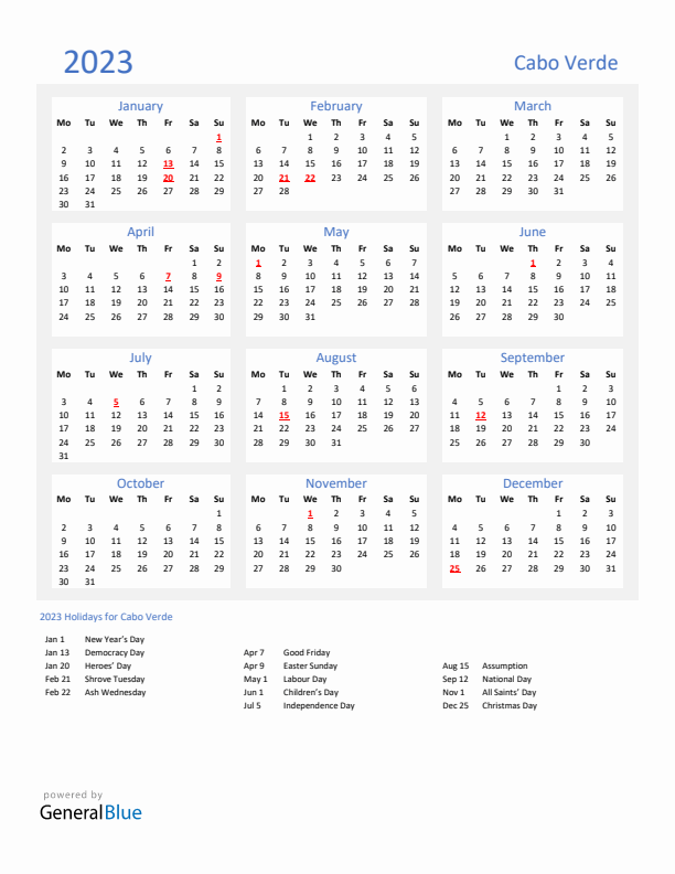 Basic Yearly Calendar with Holidays in Cabo Verde for 2023