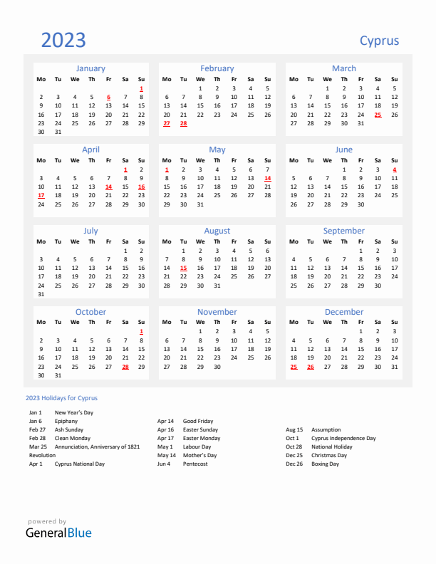 Basic Yearly Calendar with Holidays in Cyprus for 2023