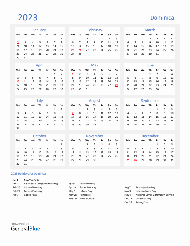 Basic Yearly Calendar with Holidays in Dominica for 2023