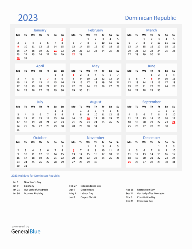 Basic Yearly Calendar with Holidays in Dominican Republic for 2023