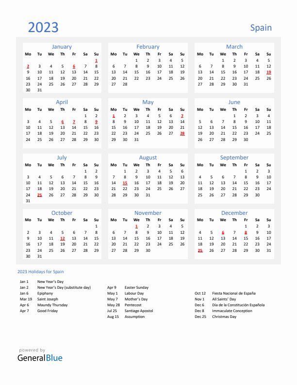 Basic Yearly Calendar with Holidays in Spain for 2023
