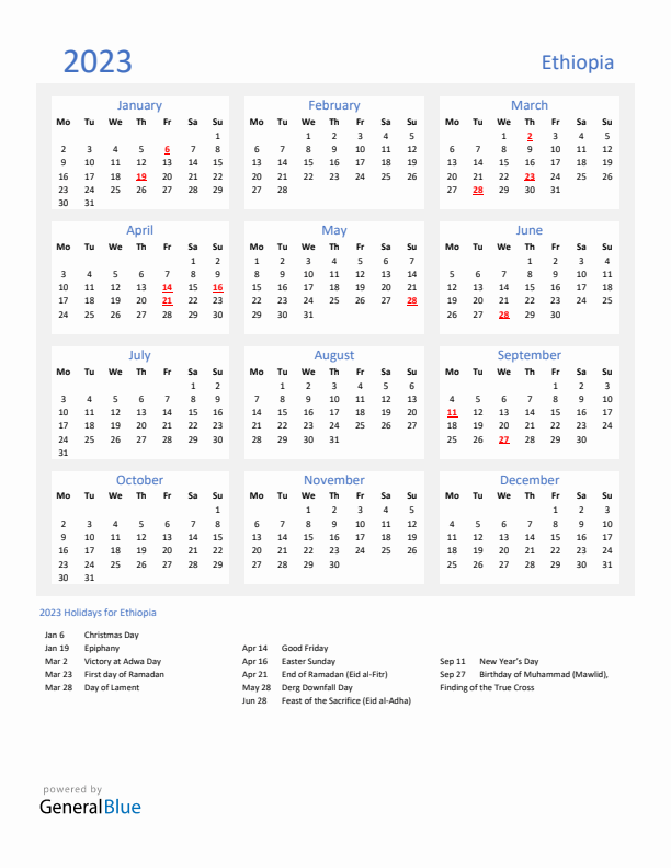 Basic Yearly Calendar with Holidays in Ethiopia for 2023
