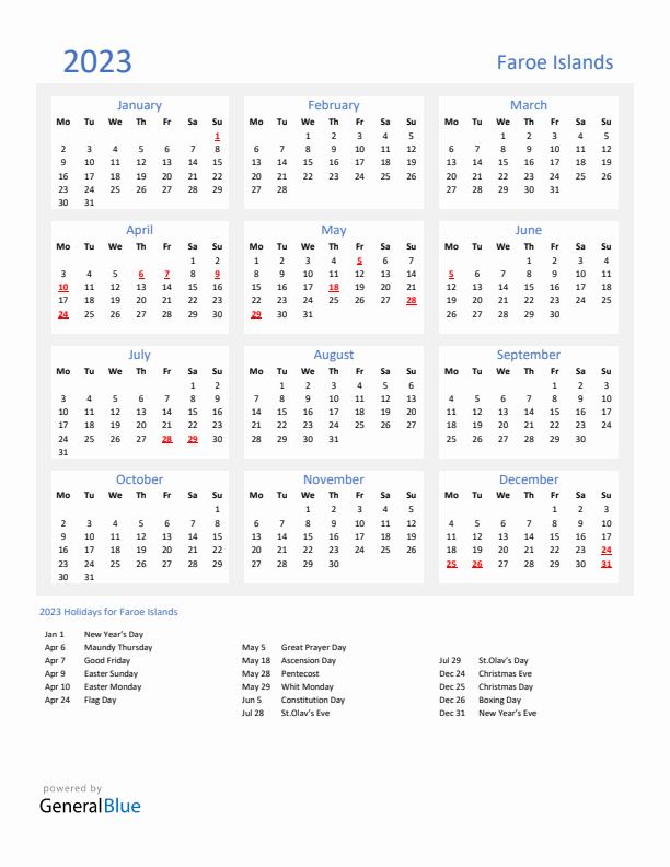 Basic Yearly Calendar with Holidays in Faroe Islands for 2023 