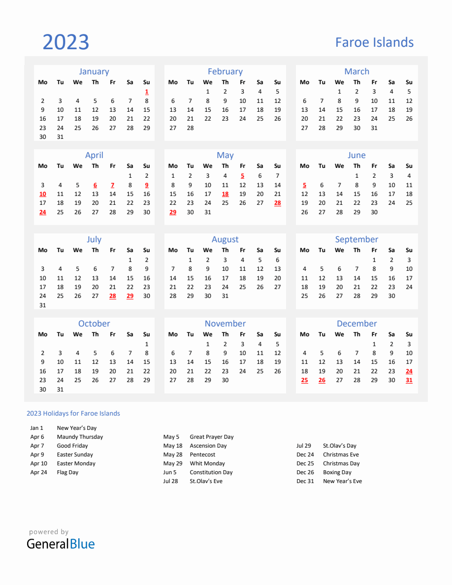 Basic Yearly Calendar with Holidays in Faroe Islands for 2023 - Monday ...