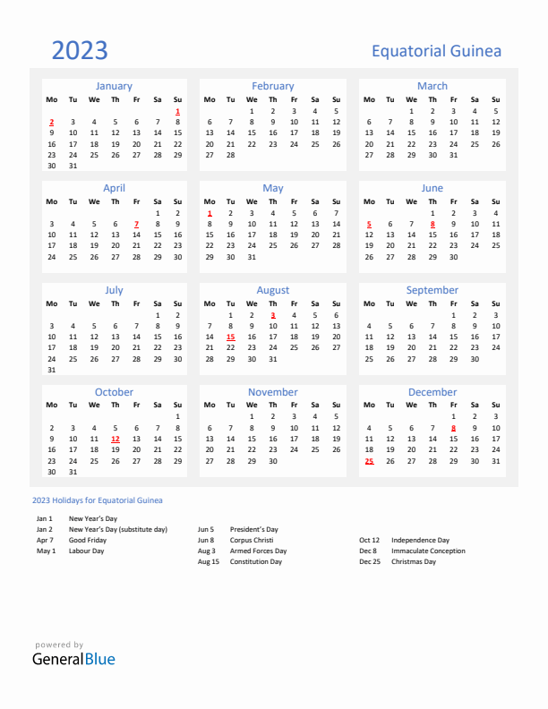 Basic Yearly Calendar with Holidays in Equatorial Guinea for 2023