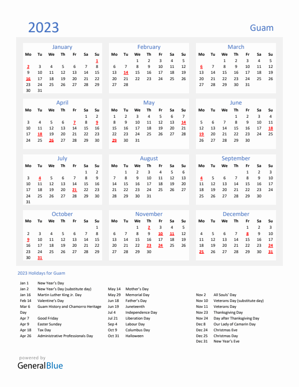 Basic Yearly Calendar with Holidays in Guam for 2023