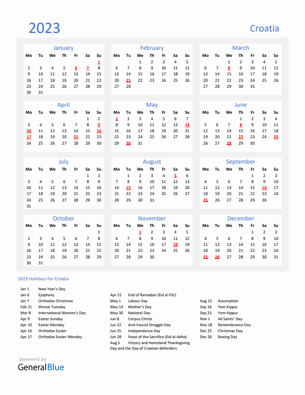 Basic Yearly Calendar with Holidays in Croatia for 2023