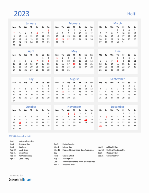 Basic Yearly Calendar with Holidays in Haiti for 2023