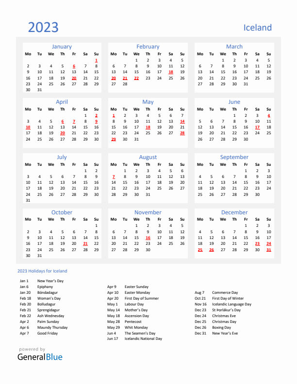 Basic Yearly Calendar with Holidays in Iceland for 2023