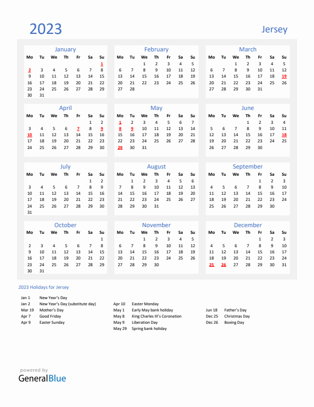 Basic Yearly Calendar with Holidays in Jersey for 2023