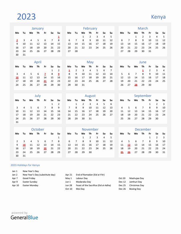 Basic Yearly Calendar with Holidays in Kenya for 2023