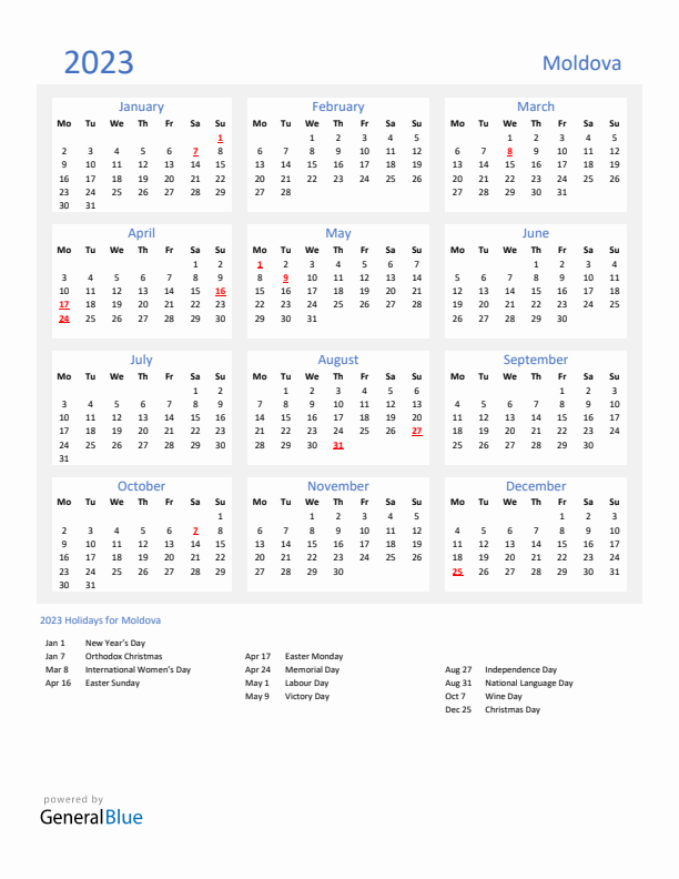 Basic Yearly Calendar with Holidays in Moldova for 2023