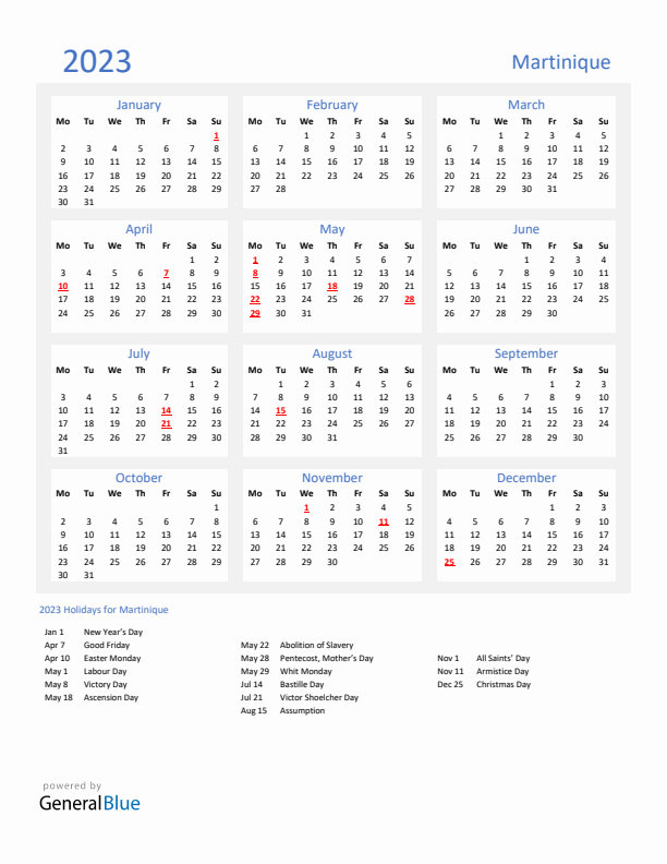 Basic Yearly Calendar with Holidays in Martinique for 2023