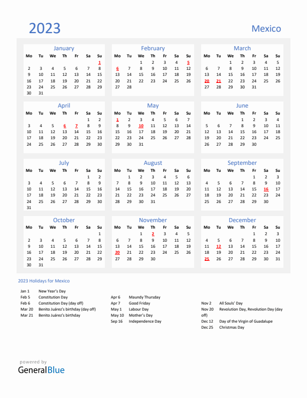 Basic Yearly Calendar with Holidays in Mexico for 2023