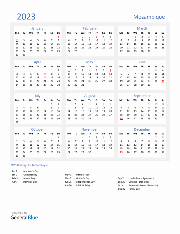 Basic Yearly Calendar with Holidays in Mozambique for 2023