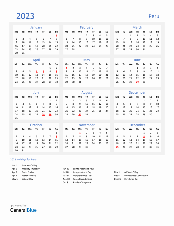 Basic Yearly Calendar with Holidays in Peru for 2023