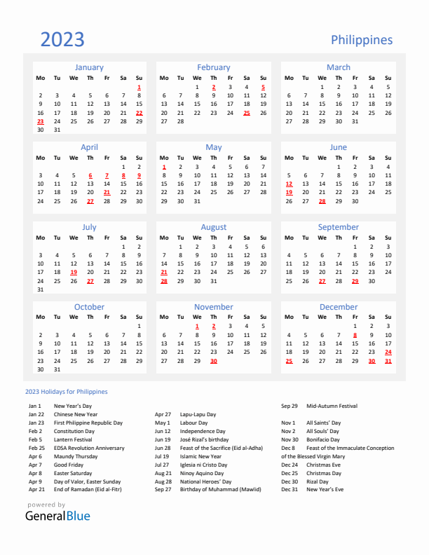 Basic Yearly Calendar with Holidays in Philippines for 2023