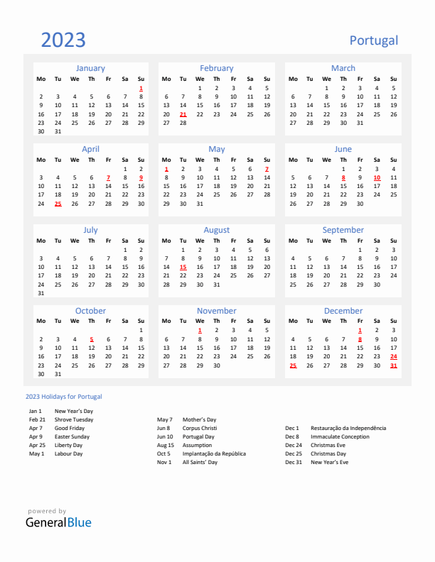 Basic Yearly Calendar with Holidays in Portugal for 2023