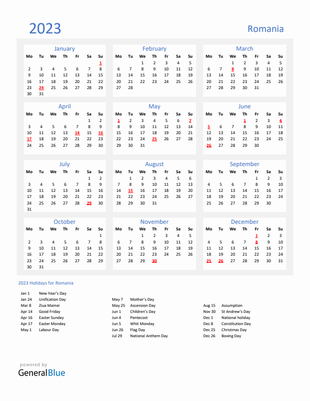 Basic Yearly Calendar with Holidays in Romania for 2023