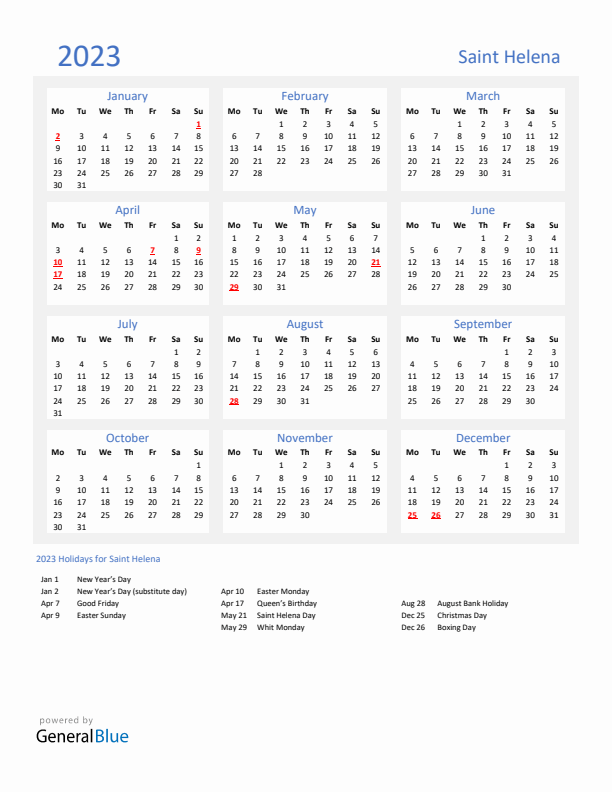 Basic Yearly Calendar with Holidays in Saint Helena for 2023