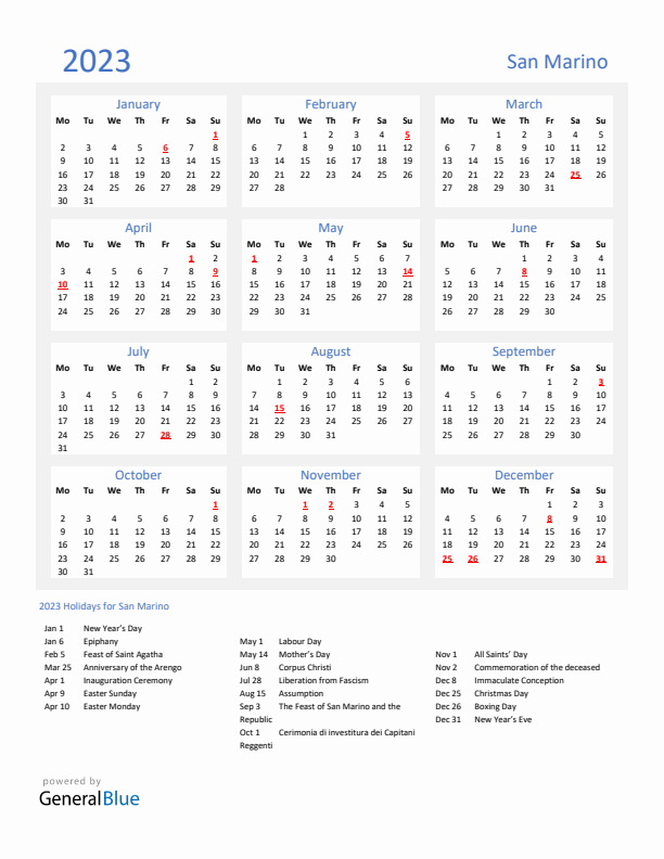 Basic Yearly Calendar with Holidays in San Marino for 2023