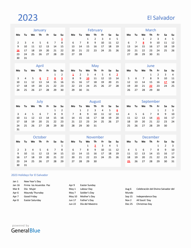 Basic Yearly Calendar with Holidays in El Salvador for 2023