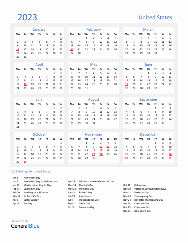 Basic Yearly Calendar with Holidays in United States for 2023