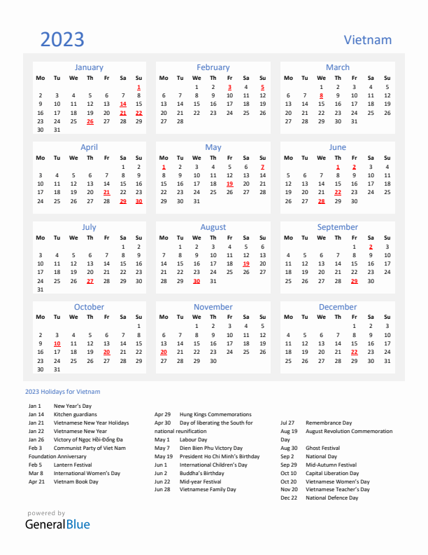 Basic Yearly Calendar with Holidays in Vietnam for 2023