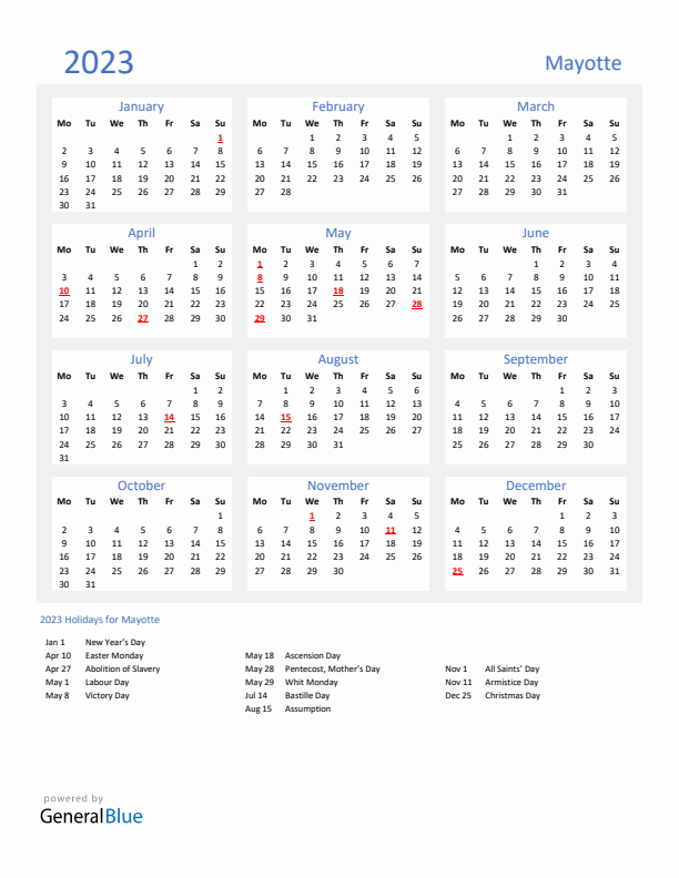 Basic Yearly Calendar with Holidays in Mayotte for 2023