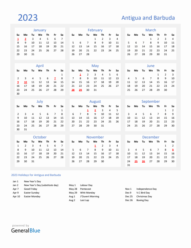Basic Yearly Calendar with Holidays in Antigua and Barbuda for 2023