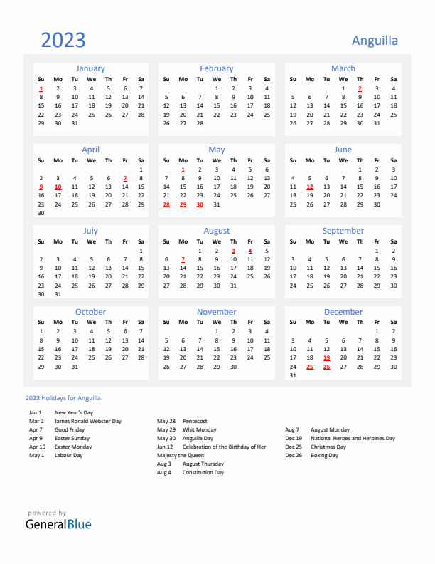 Basic Yearly Calendar with Holidays in Anguilla for 2023