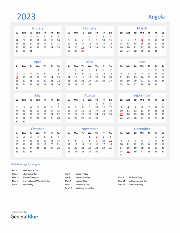 Basic Yearly Calendar with Holidays in Angola for 2023