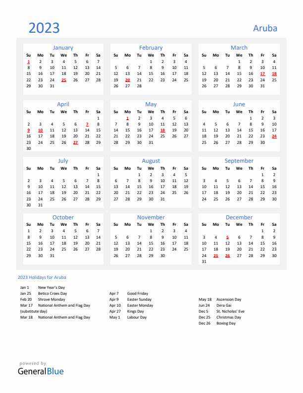 Basic Yearly Calendar with Holidays in Aruba for 2023