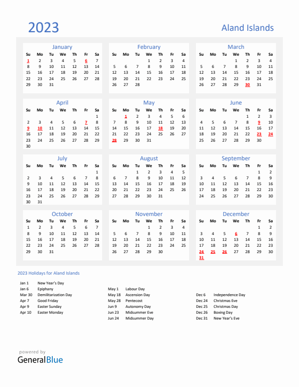 Basic Yearly Calendar with Holidays in Aland Islands for 2023