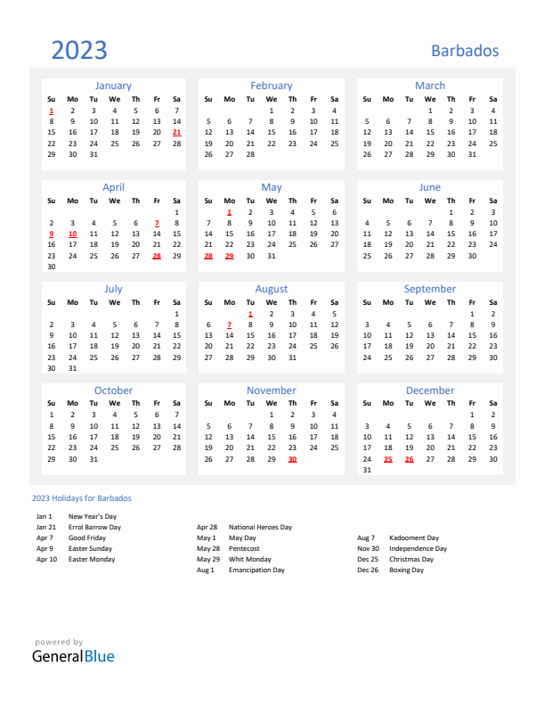 Basic Yearly Calendar with Holidays in Barbados for 2023