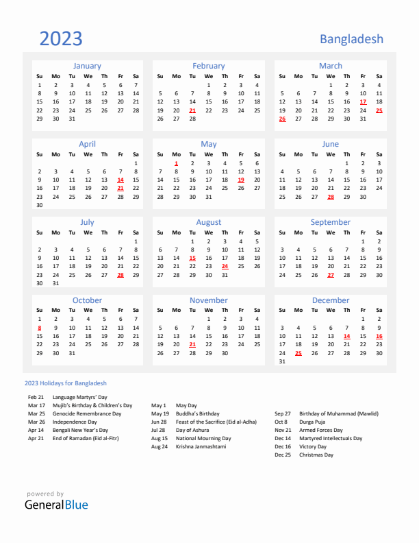 Basic Yearly Calendar with Holidays in Bangladesh for 2023