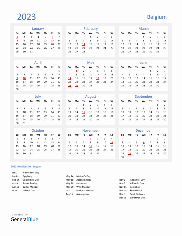 Basic Yearly Calendar with Holidays in Belgium for 2023