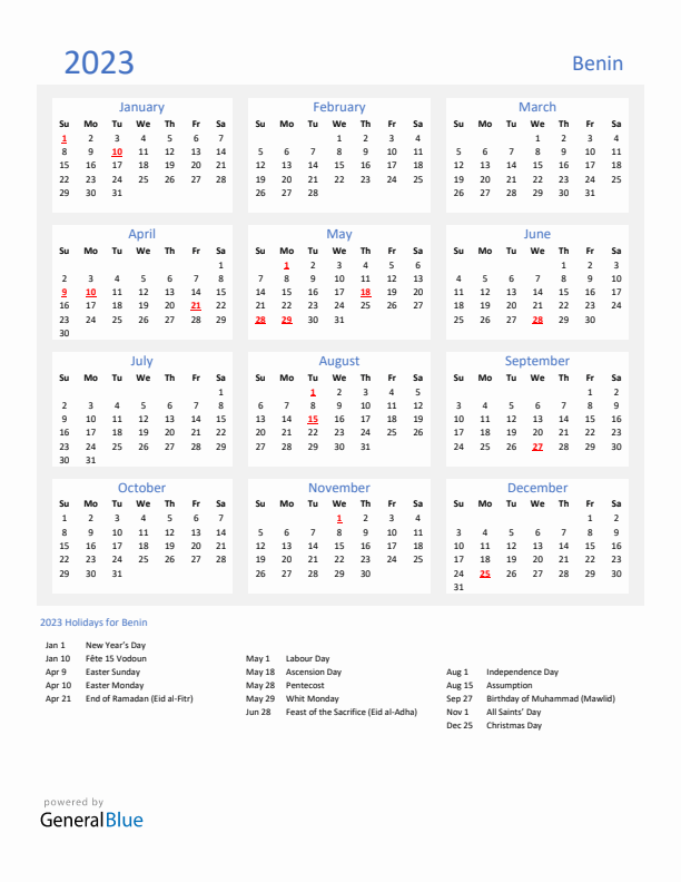 Basic Yearly Calendar with Holidays in Benin for 2023