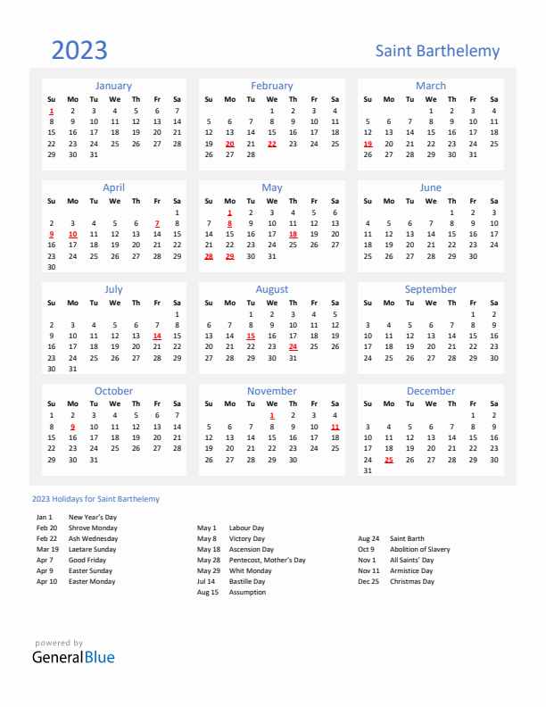 Basic Yearly Calendar with Holidays in Saint Barthelemy for 2023