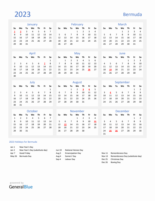 Basic Yearly Calendar with Holidays in Bermuda for 2023