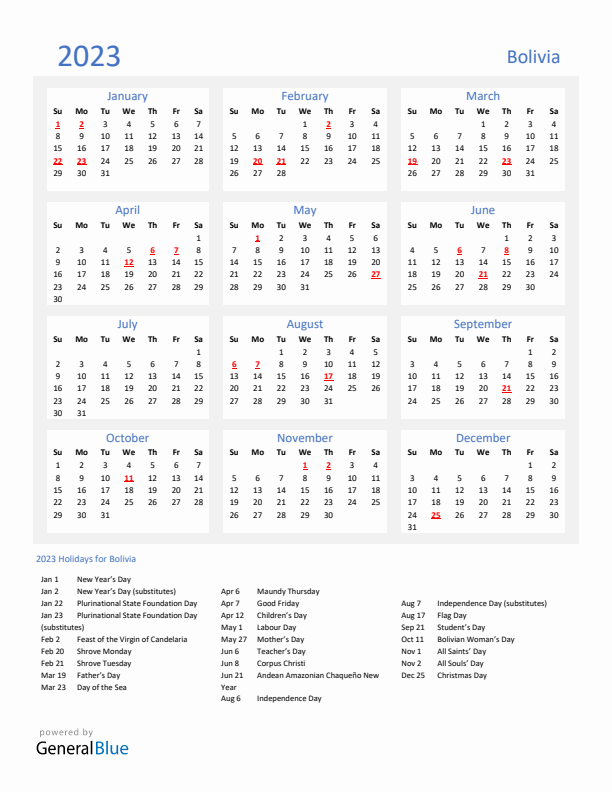 Basic Yearly Calendar with Holidays in Bolivia for 2023