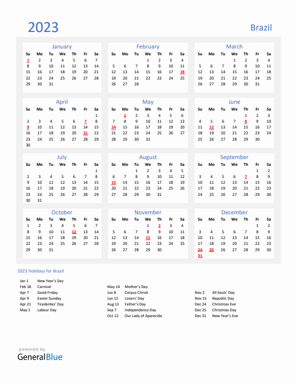 Basic Yearly Calendar with Holidays in Brazil for 2023