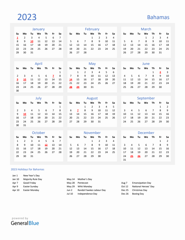Basic Yearly Calendar with Holidays in Bahamas for 2023