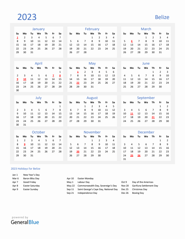 Basic Yearly Calendar with Holidays in Belize for 2023