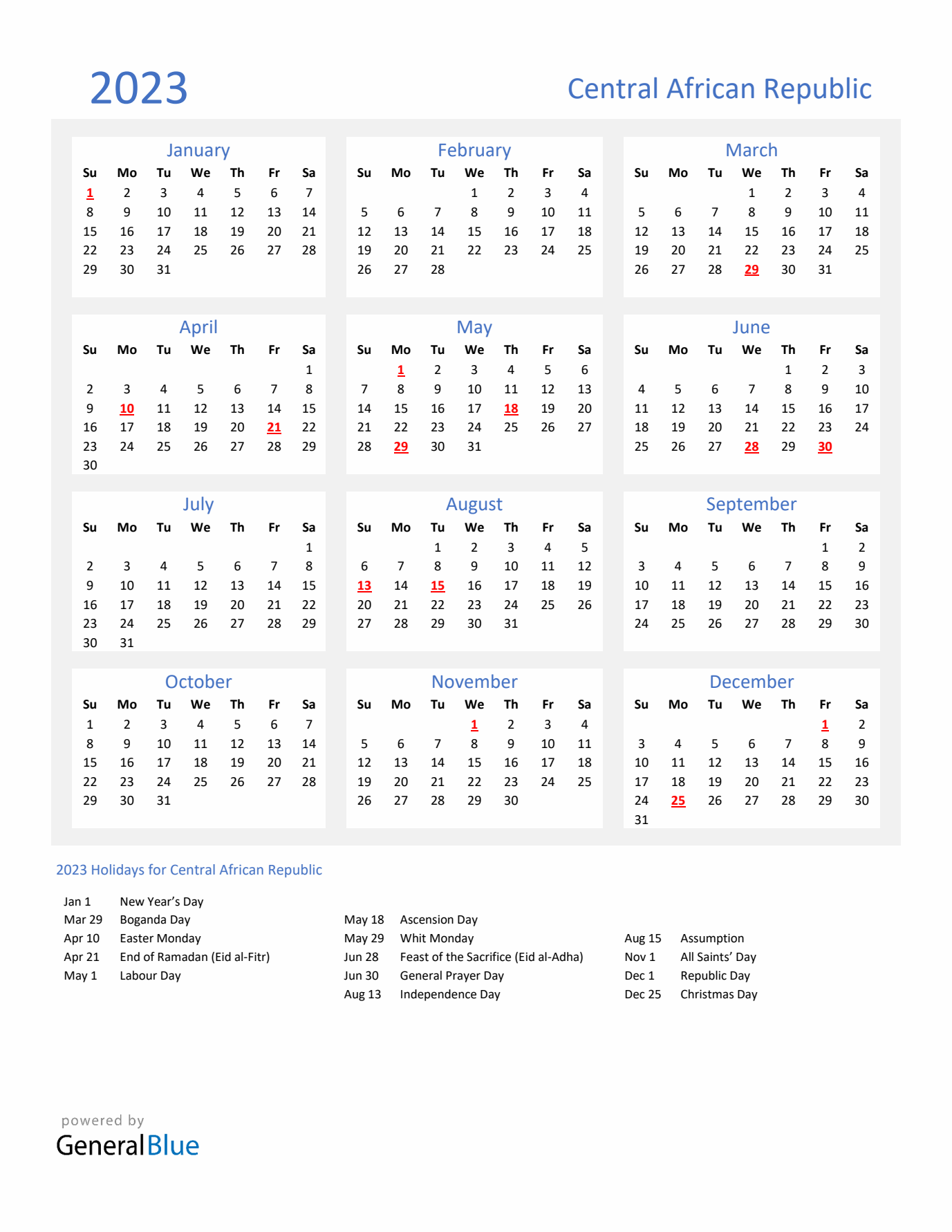 Basic Yearly Calendar with Holidays in Central African Republic for 2023