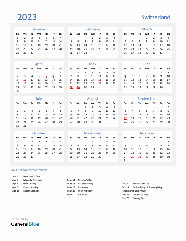 Basic Yearly Calendar with Holidays in Switzerland for 2023