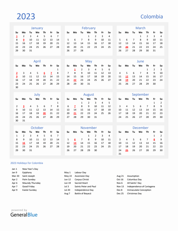 Basic Yearly Calendar with Holidays in Colombia for 2023